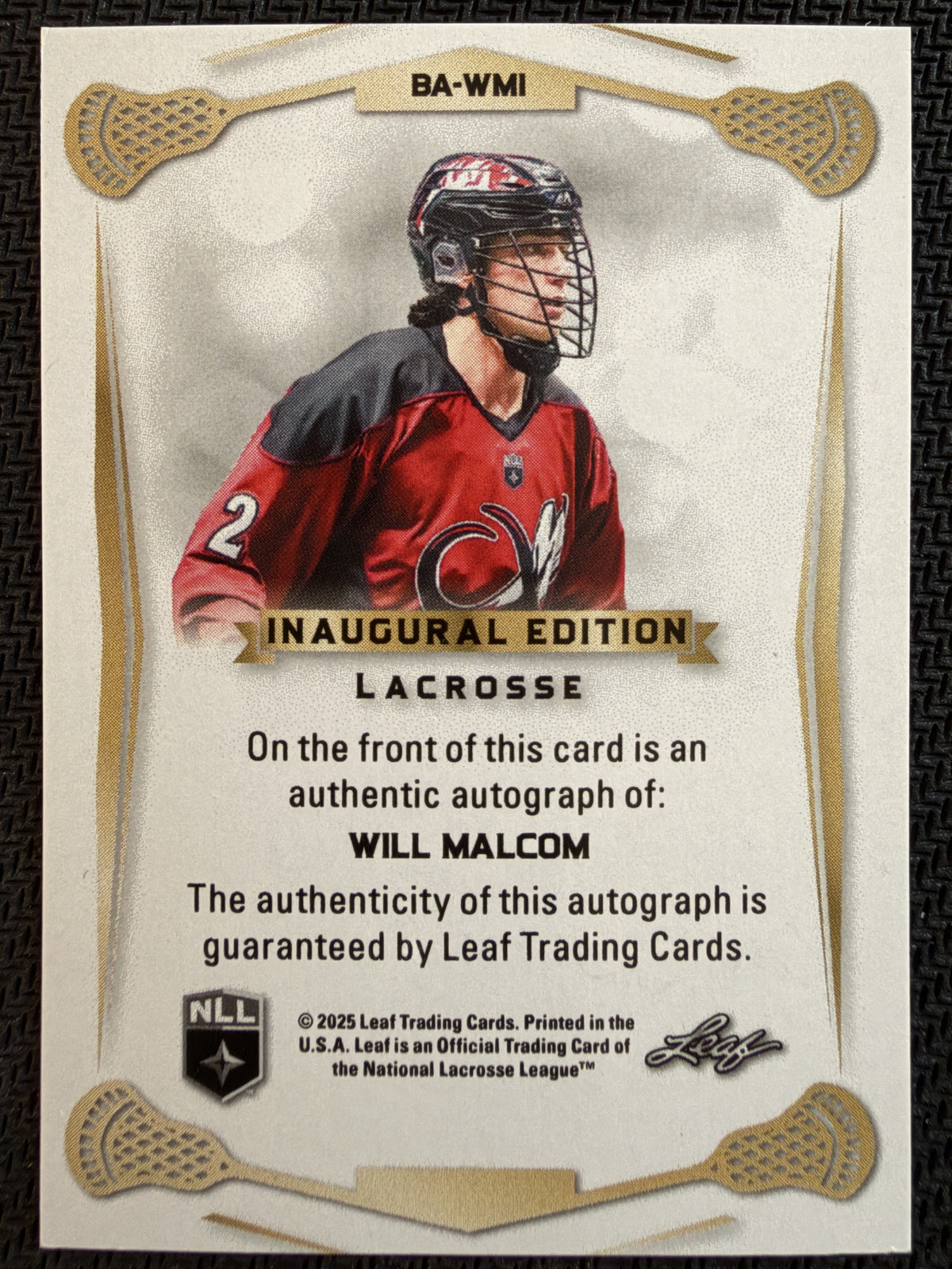 Will Malcolm 2024 Leaf NLL Inaugural Colorado Mamouth Purple Auto 2/9 #BA-WMI