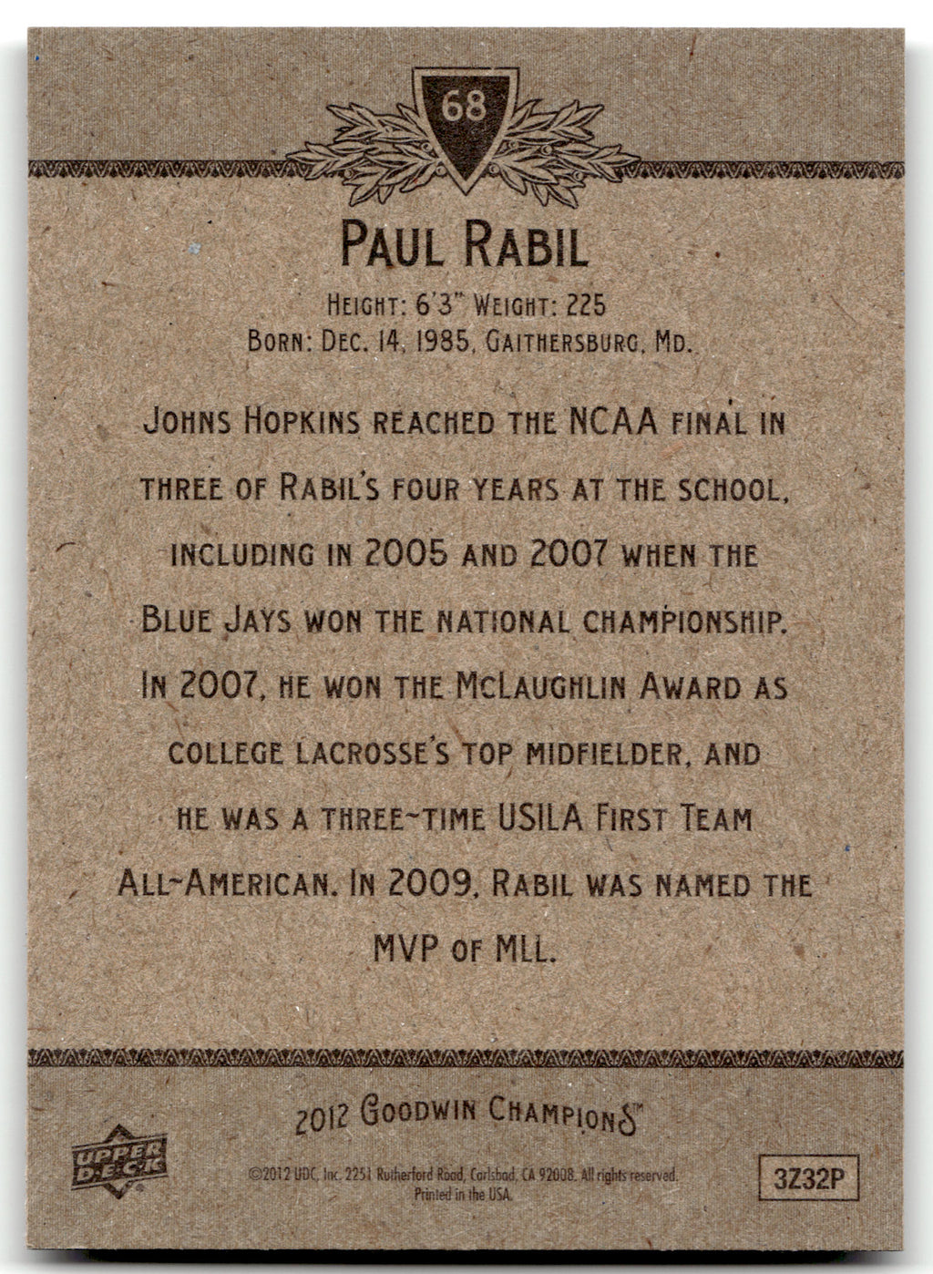 Paul Rabil 2012 Upper Deck Goodwin Champions John Hopkins Blue Jays Black #68