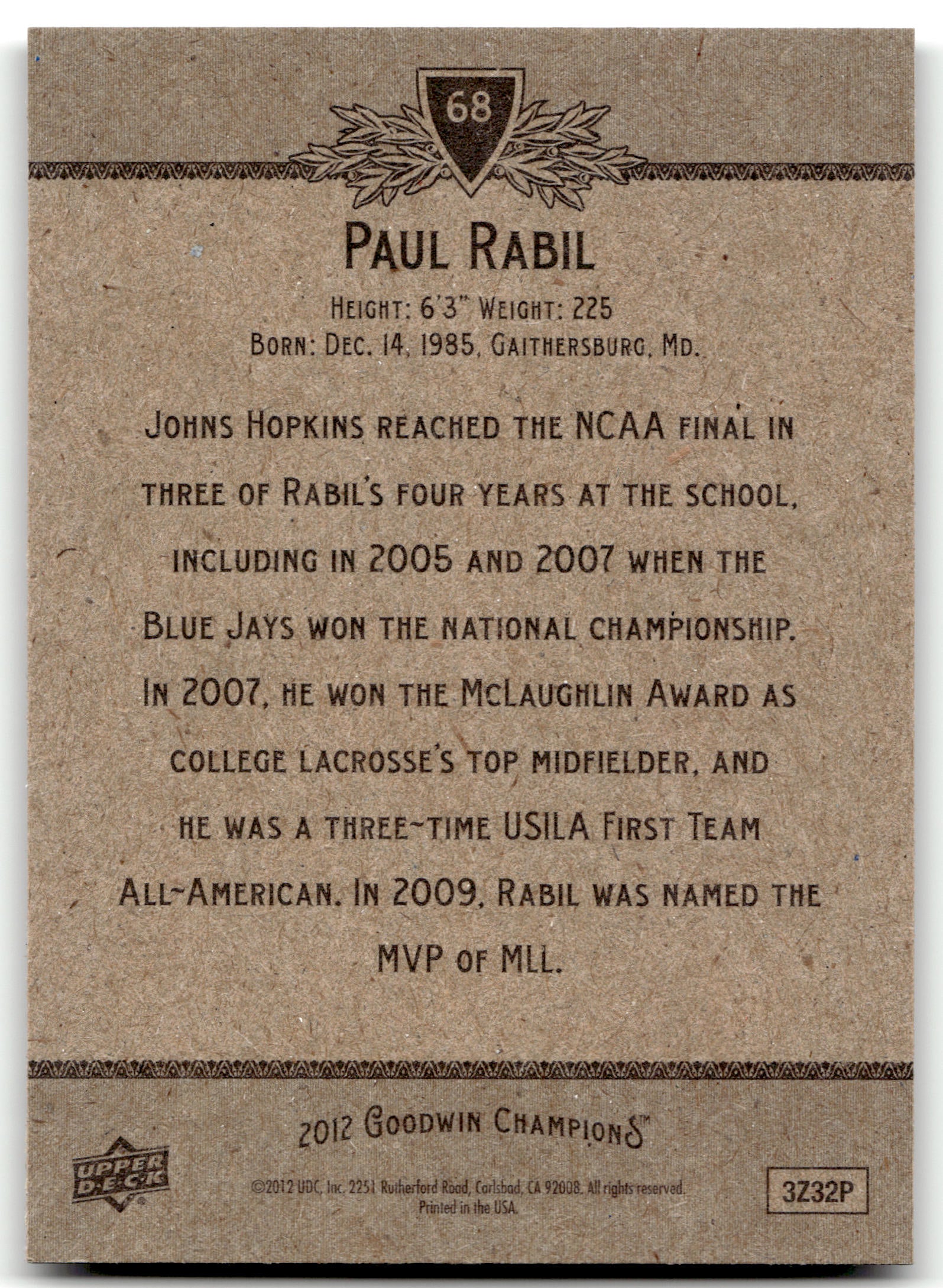 Paul Rabil 2012 Upper Deck Goodwin Champions John Hopkins Blue Jays Black #68